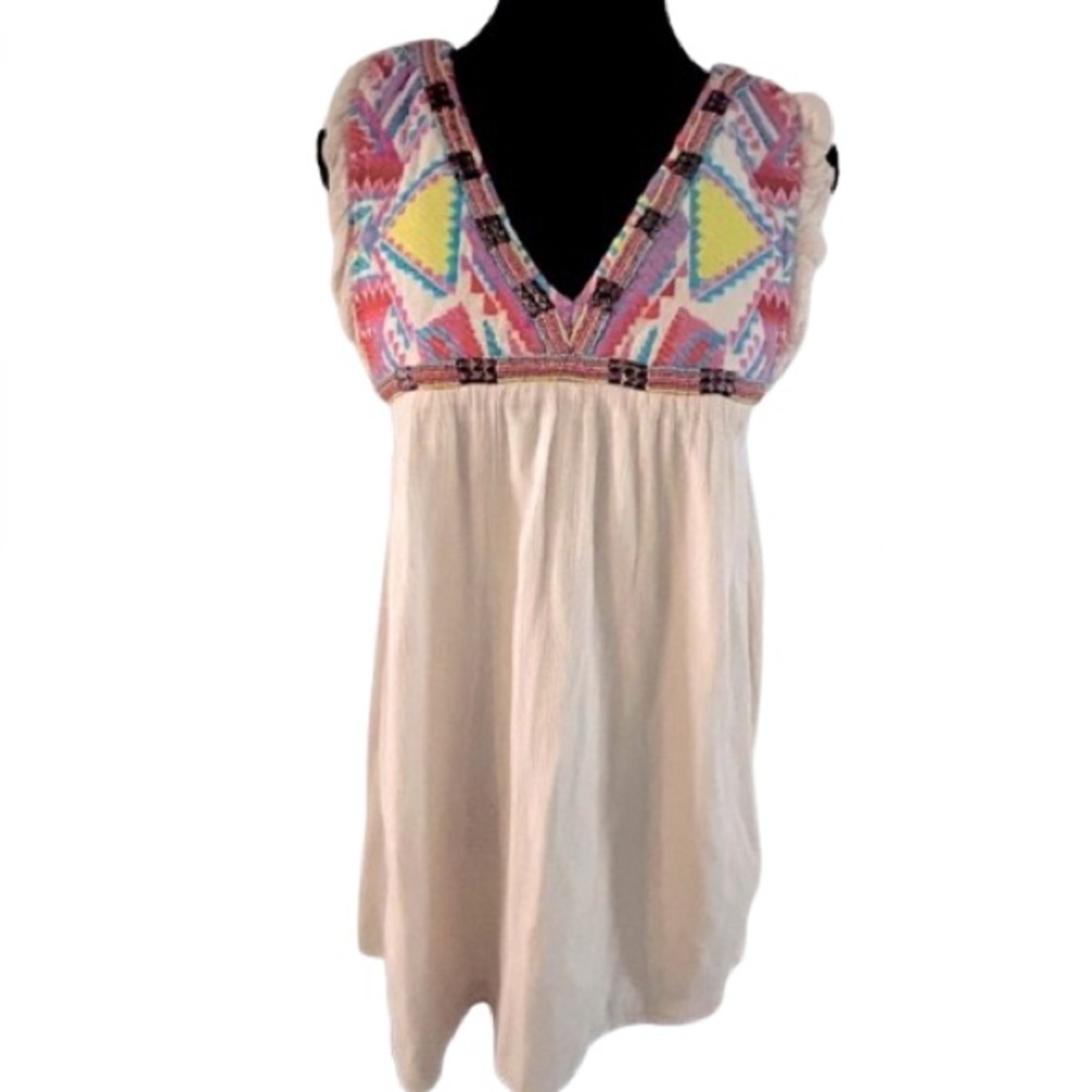 Beach Boho Chic O’NEILL Embroidered MED Dress Pink Blue Surf Short Boho Bead